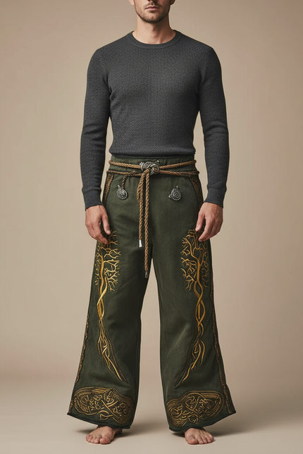 Pantalon Patte D'Éléphant Vert Brodé Arbre Celtique Ample - Cordé