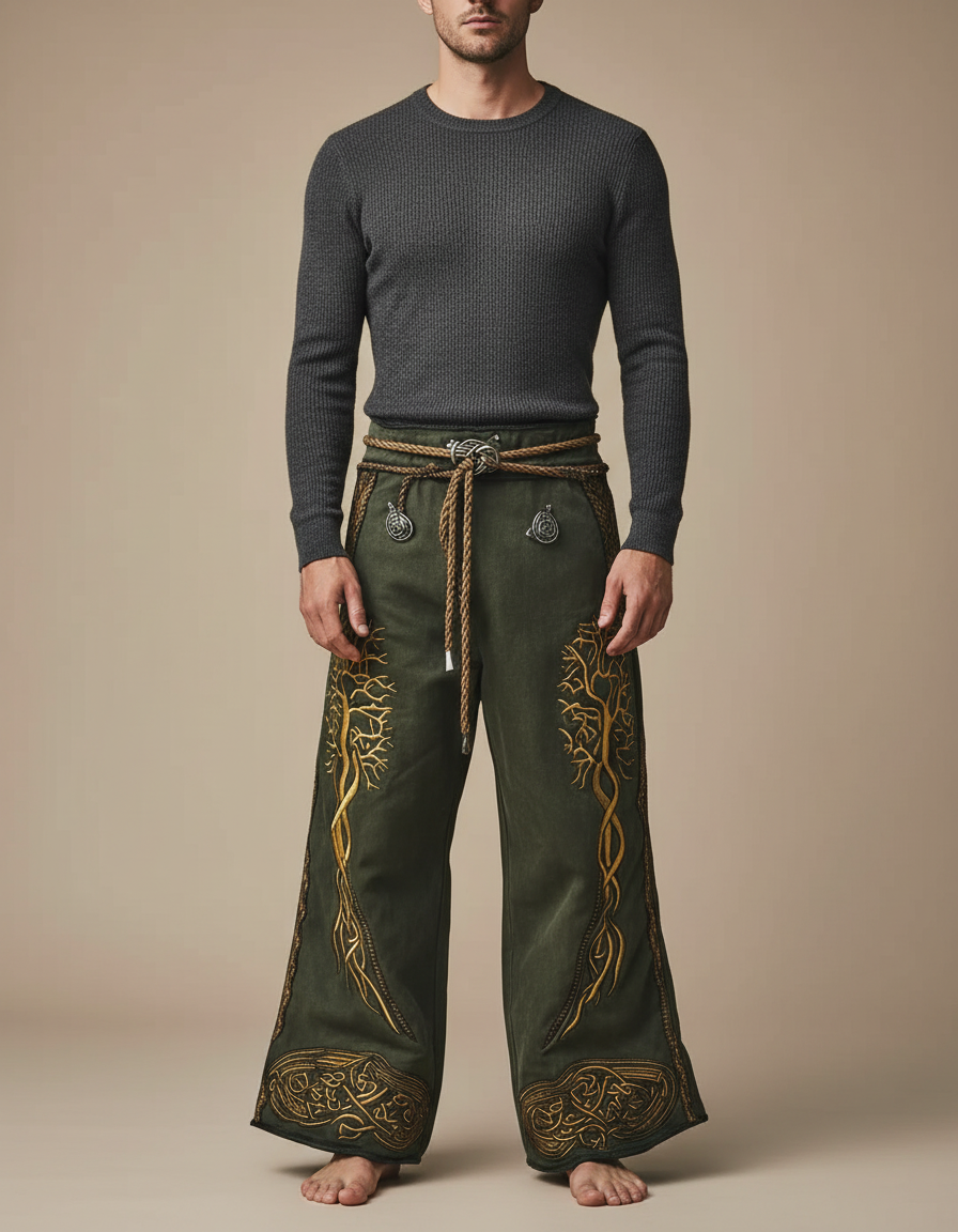 Pantalon Patte D'Éléphant Vert Brodé Arbre Celtique Ample - Cordé