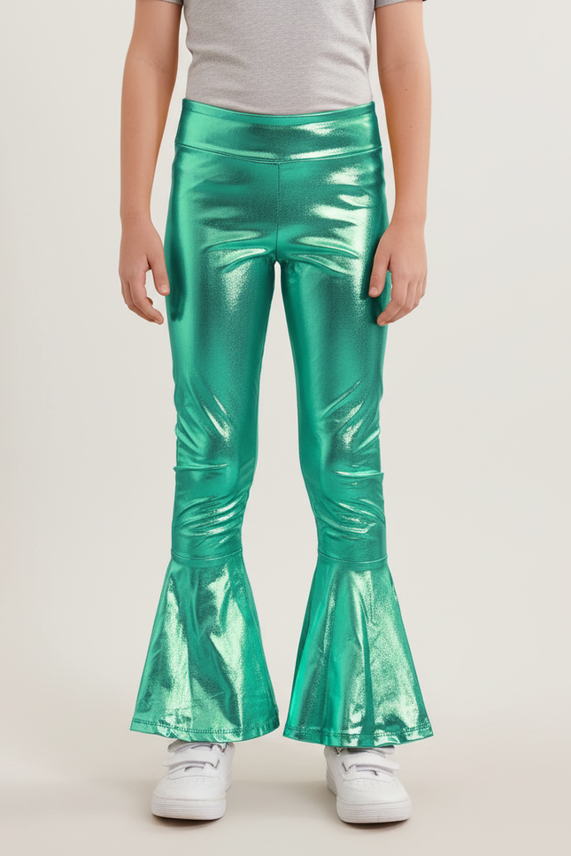 Pantalon Patte D'Éléphant Vert Métallisé Brillant Évasé Enfant - Polyester