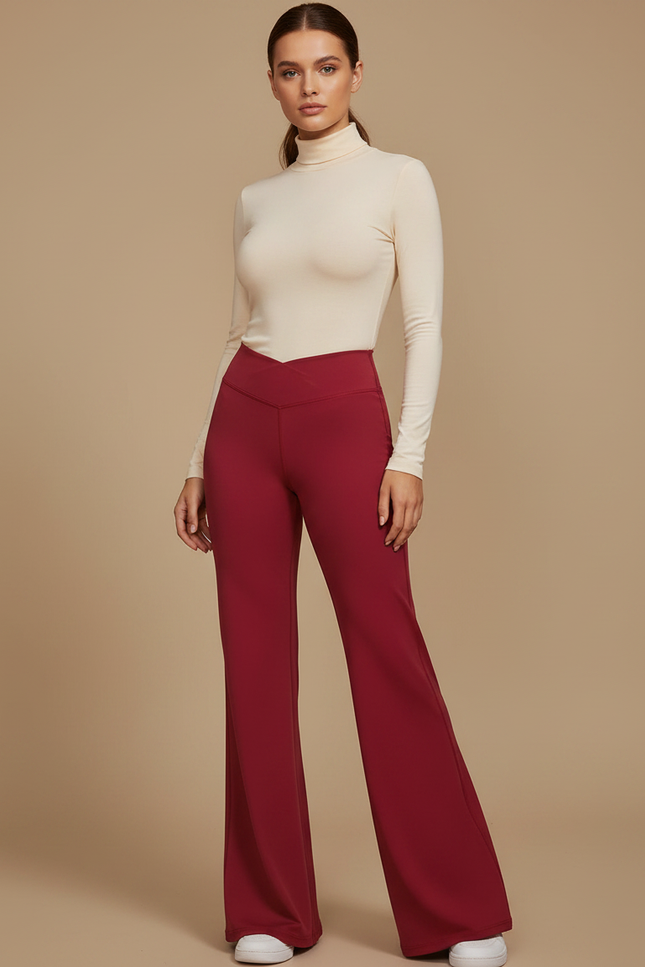 Pantalon Patte D'Éléphant Rouge Taille Haute Évasé Fluide - Bordeaux Polyester