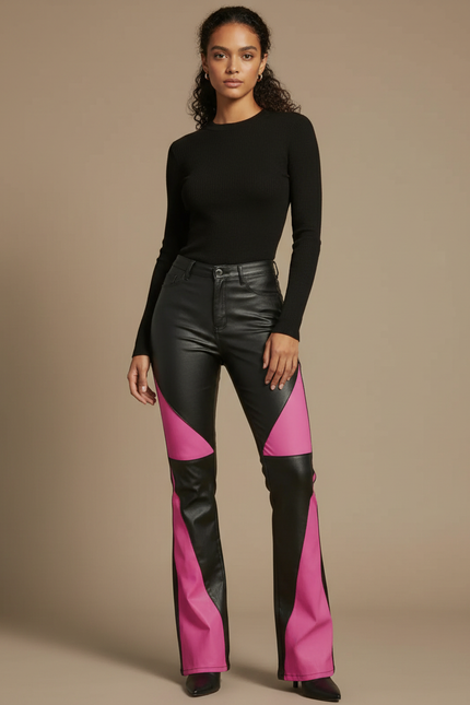 Pantalon Patte D'Éléphant Noir Rose Bicolore Similicuir Évasé Tendance - Multicolore Simili cuir