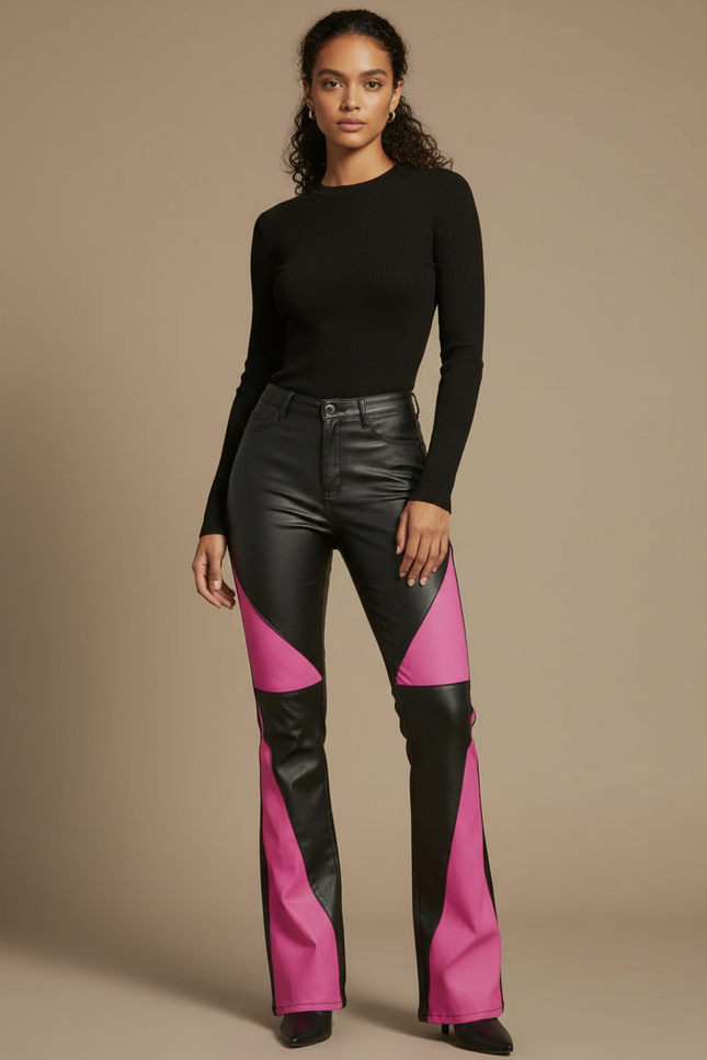 Pantalon Patte D'Éléphant Noir Rose Bicolore Similicuir Évasé Tendance - Multicolore Simili cuir
