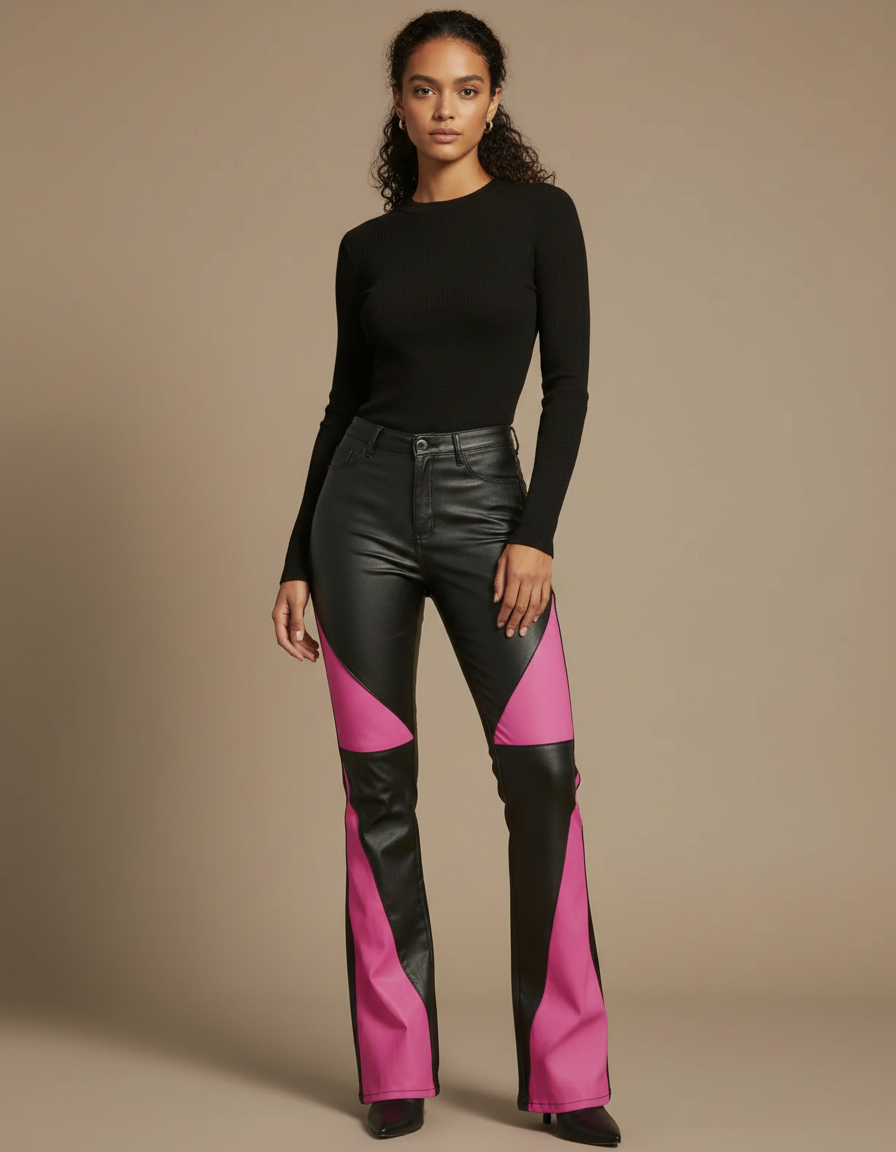Pantalon Patte D'Éléphant Noir Rose Bicolore Similicuir Évasé Tendance - Multicolore Simili cuir
