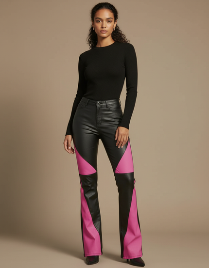 Pantalon Patte D'Éléphant Noir Rose Bicolore Similicuir Évasé Tendance - Multicolore Simili cuir