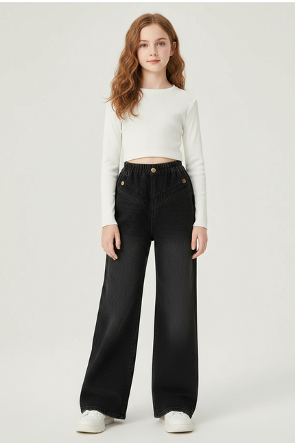 Pantalon Patte D'Éléphant Noir Denim Taille Haute Enfant - Jean