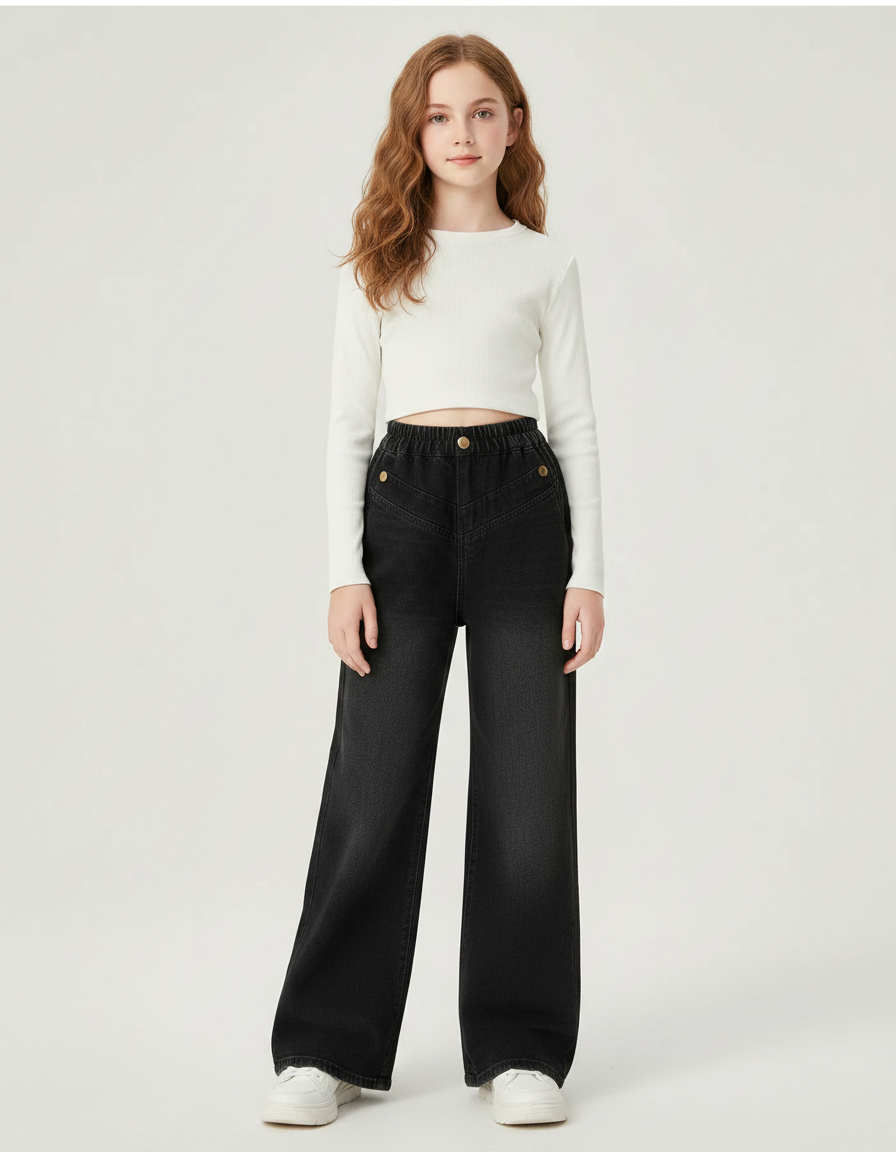 Pantalon Patte D'Éléphant Noir Denim Taille Haute Enfant - Jean