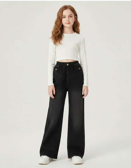 Pantalon Patte D'Éléphant Noir Denim Taille Haute Enfant - Jean