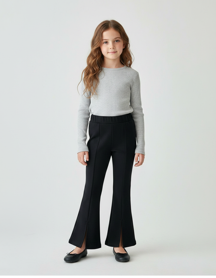 Pantalon Patte D'Éléphant Noir Fendu Confortable Fille - Maille