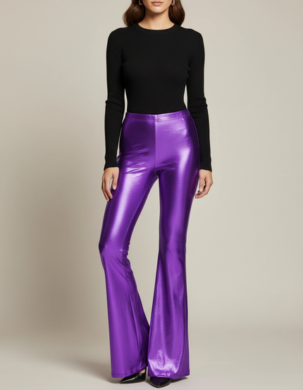 Pantalon Patte D'Éléphant Violet Métallique Brillant Évasé Femme - Polyester