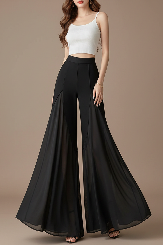 Pantalon Patte D'Éléphant Noir Fluide Taille Haute Chiffon Élégant - Polyester