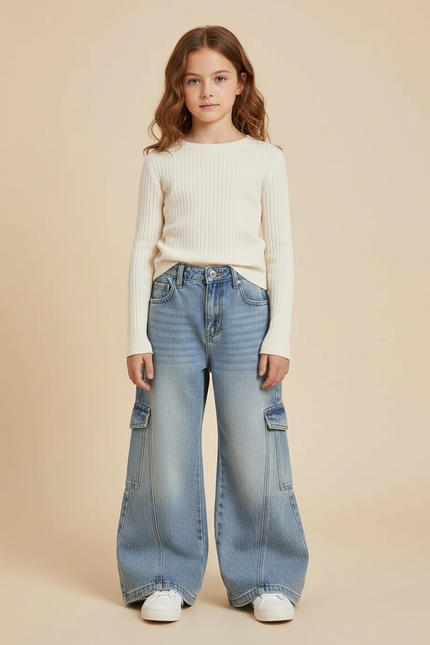 Pantalon Patte D'Éléphant Large Cargo Denim Bleu Enfant - Jean
