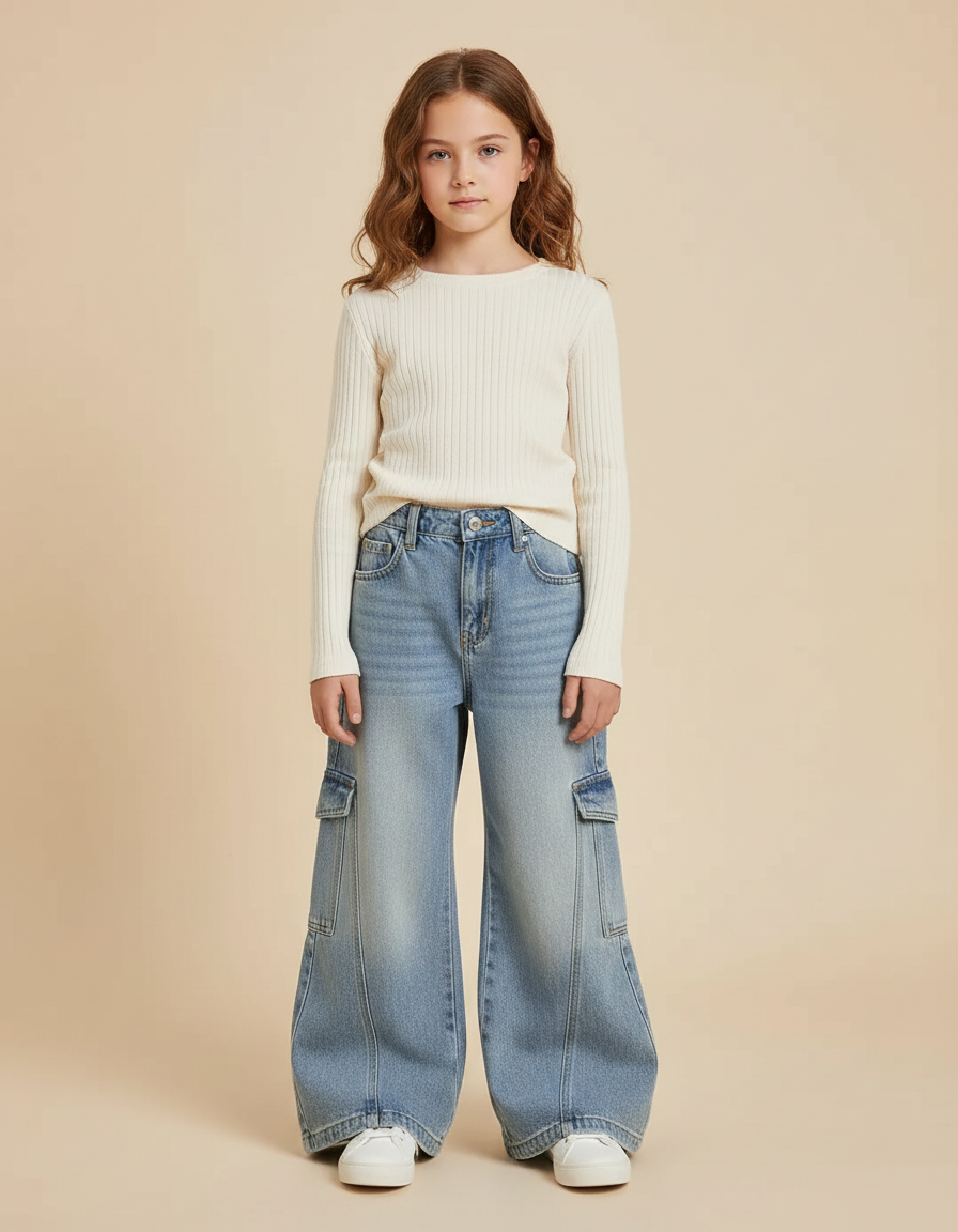 Pantalon Patte D'Éléphant Large Cargo Denim Bleu Enfant - Jean