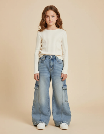 Pantalon Patte D'Éléphant Large Cargo Denim Bleu Enfant - Jean