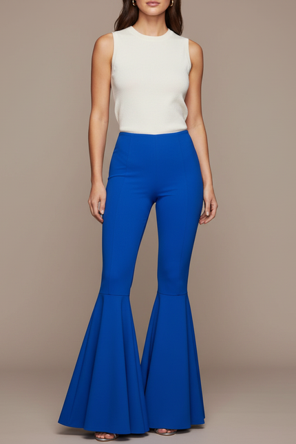 Pantalon Patte D'Éléphant Bleu Évasé Taille Haute Fluide - Polyester