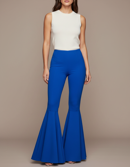 Pantalon Patte D'Éléphant Bleu Évasé Taille Haute Fluide - Polyester