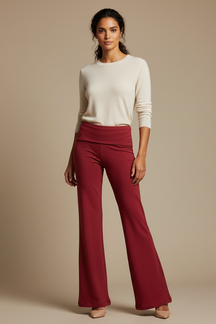 Pantalon Patte D'Éléphant Rouge Brique Taille Haute Fluide Confortable - Bordeaux Maille