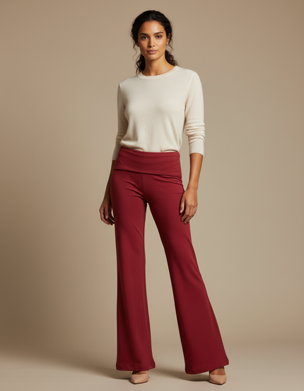 Pantalon Patte D'Éléphant Rouge Brique Taille Haute Fluide Confortable - Bordeaux Maille