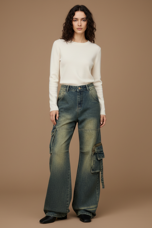 Pantalon Patte D'Éléphant Cargo Bleu Délavé Large Poches - Jean