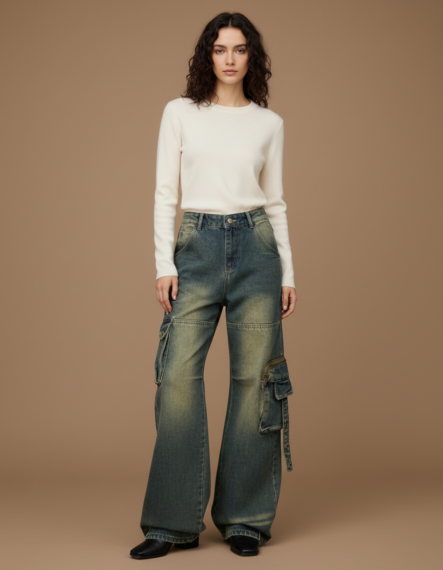 Pantalon Patte D'Éléphant Cargo Bleu Délavé Large Poches - Jean