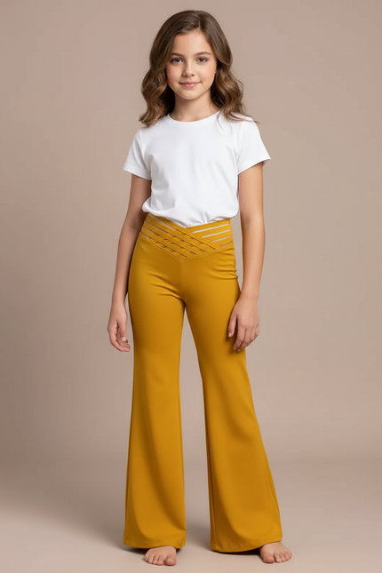 Pantalon Patte D'Éléphant Jaune Moutarde Fluide Évasé Élégant Fille - Polyester