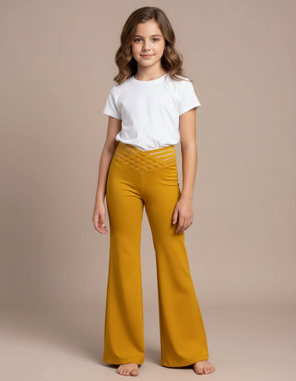 Pantalon Patte D'Éléphant Jaune Moutarde Fluide Évasé Élégant Fille - Polyester
