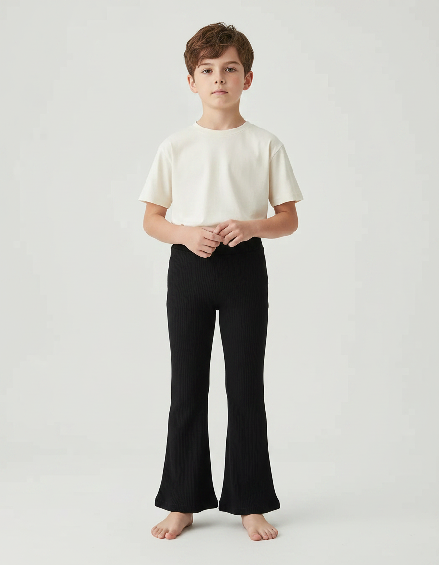 Pantalon Patte D'Éléphant Noir Côtelé Évasé Confortable Enfant - Maille