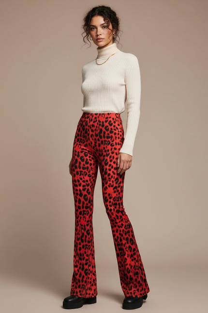 Pantalon Patte D'Éléphant Léopard Rouge Taille Haute Évasé - Maille