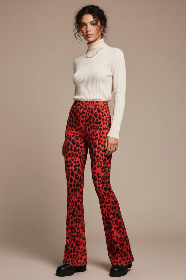 Pantalon Patte D'Éléphant Léopard Rouge Taille Haute Évasé - Maille