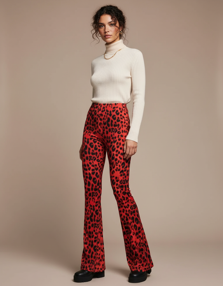 Pantalon Patte D'Éléphant Léopard Rouge Taille Haute Évasé - Maille