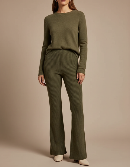 Pantalon Patte D'Éléphant Vert Côtelé Tricoté Confortable Femme - Kaki Maille