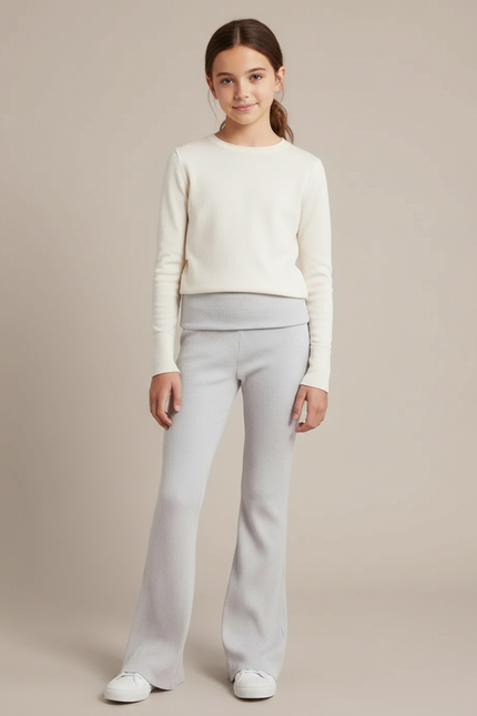 Pantalon Patte D'Éléphant Côtelé Évasé Gris Confortable Fille - Maille