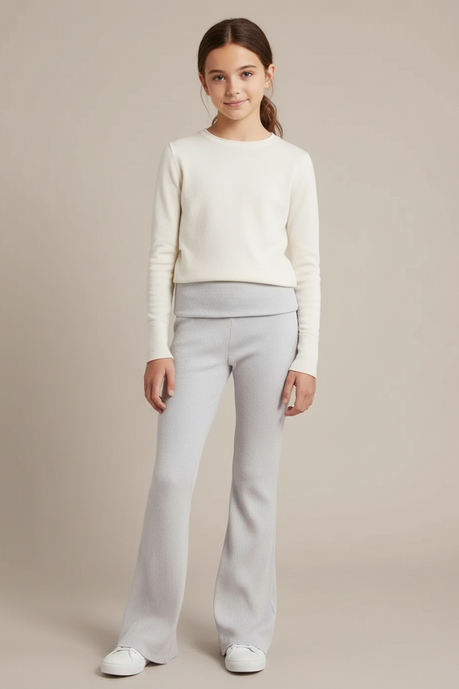 Pantalon Patte D'Éléphant Côtelé Évasé Gris Confortable Fille - Maille