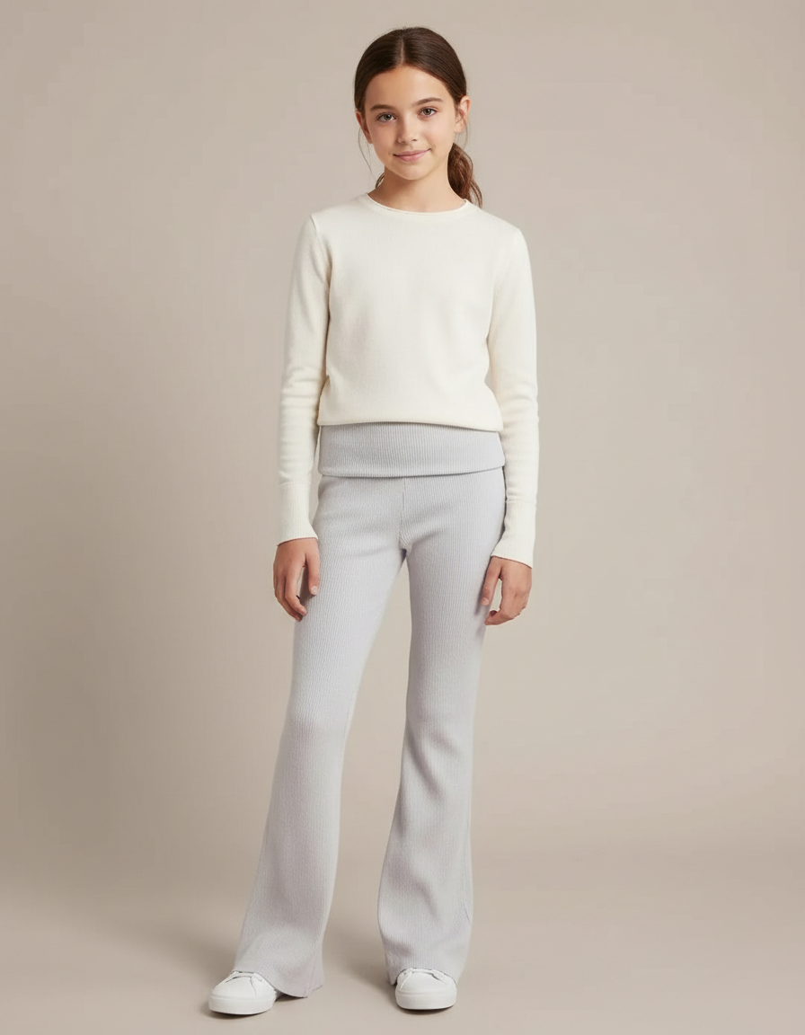 Pantalon Patte D'Éléphant Côtelé Évasé Gris Confortable Fille - Maille