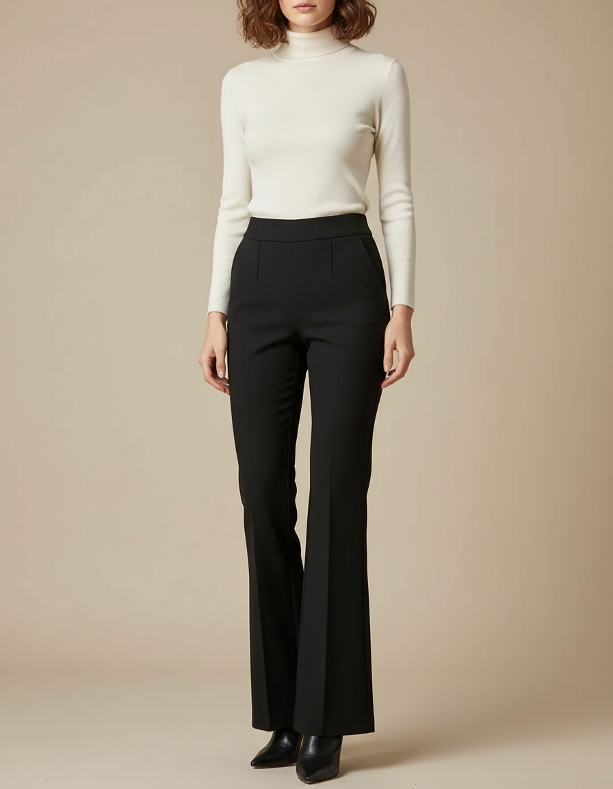Pantalon Patte D'Éléphant Noir Évasé Taille Haute Élégant - Polyester