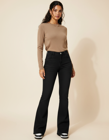 Pantalon Patte D'Éléphant Noir Denim Confortable Taille Haute - Jean