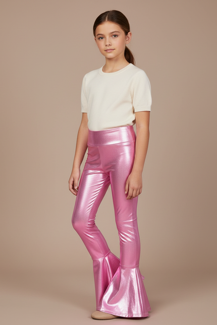 Pantalon Patte D'Éléphant Rose Métallique Brillant Évasé Fille - Polyester