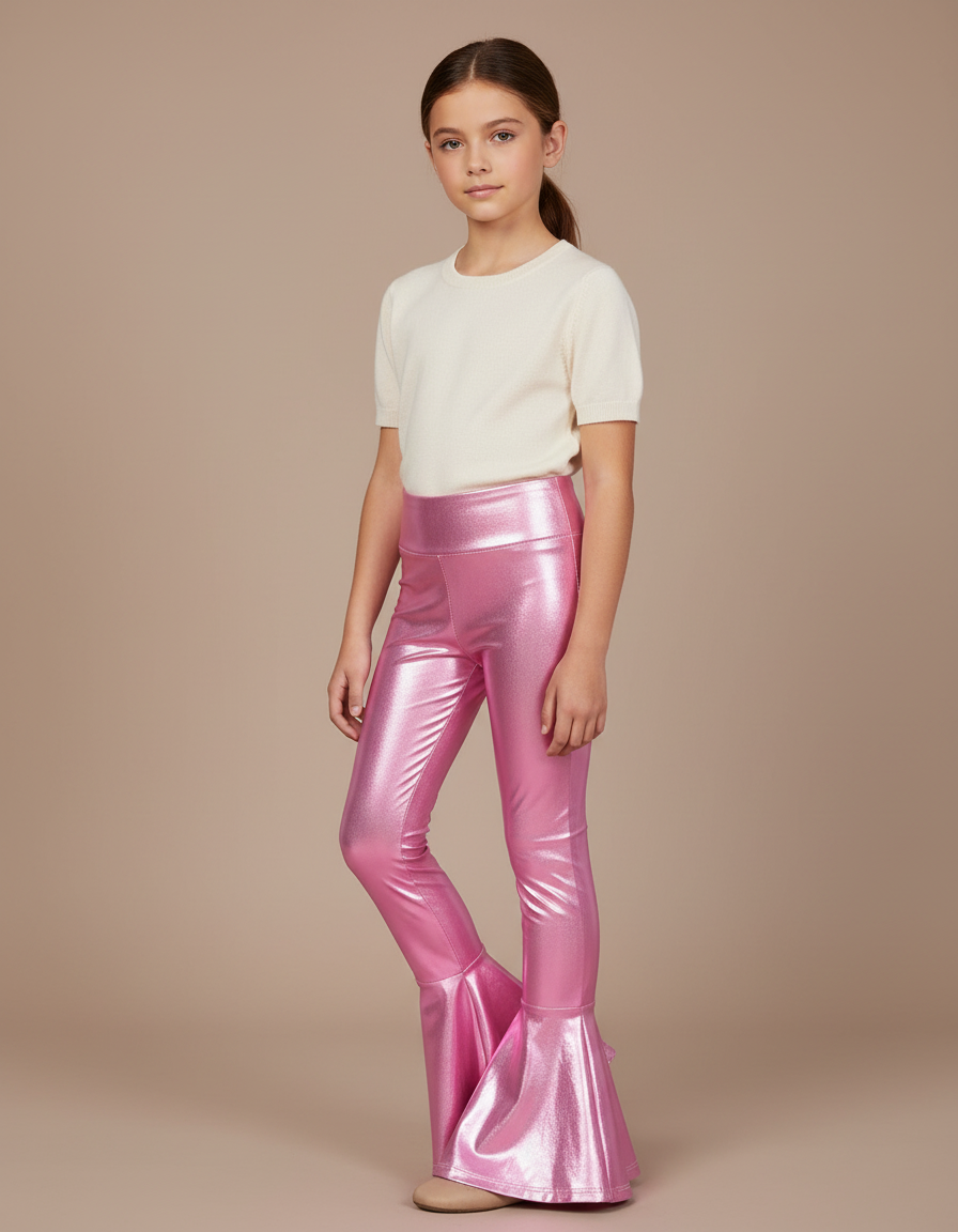Pantalon Patte D'Éléphant Rose Métallique Brillant Évasé Fille - Polyester