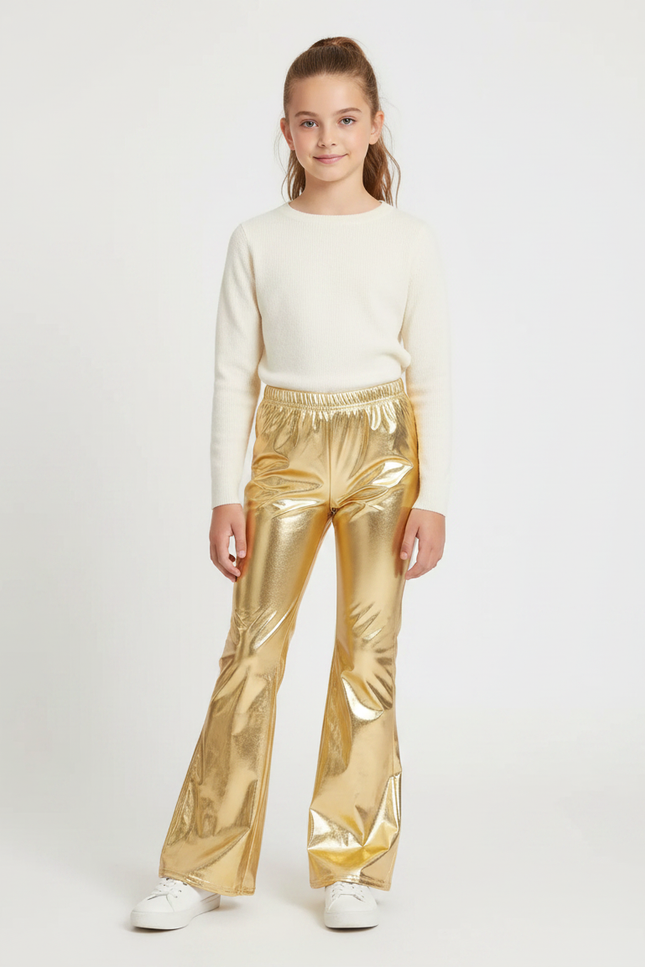 Pantalon Patte D'Éléphant Doré Métallisé Brillant Évasé Enfant - Simili cuir