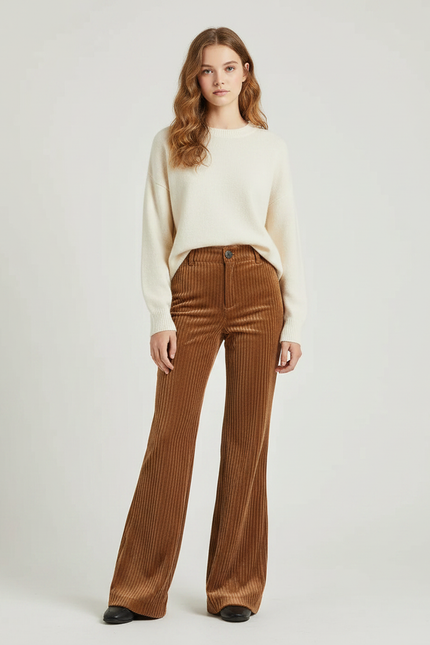 Pantalon Patte D'Éléphant Côtelé Marron Taille Haute Évasé - Cordé