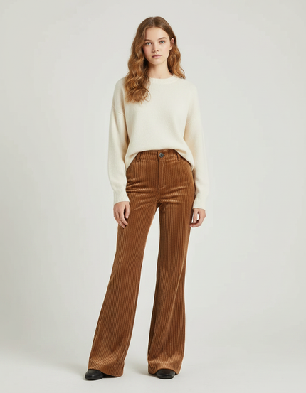 Pantalon Patte D'Éléphant Côtelé Marron Taille Haute Évasé - Cordé