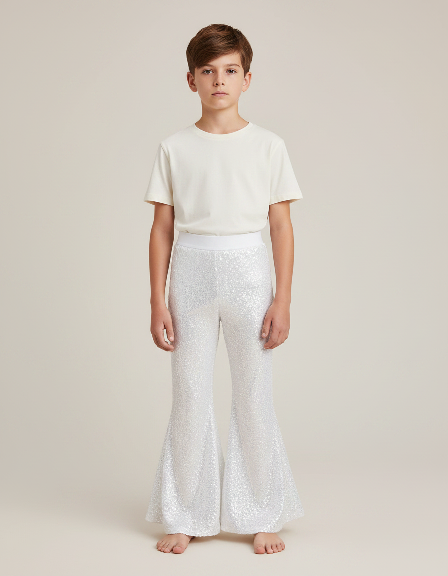 Pantalon Patte D'Éléphant Blanc Pailleté Évasé Scintillant Enfant - Argenté Polyester