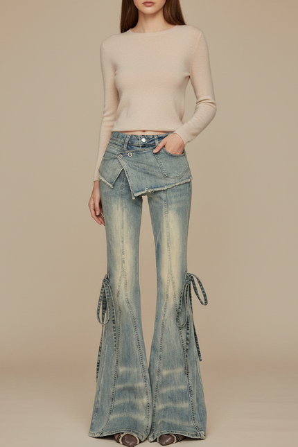 Pantalon Patte D'Éléphant Jean Délavé Taille Basse Évasé - Bleu