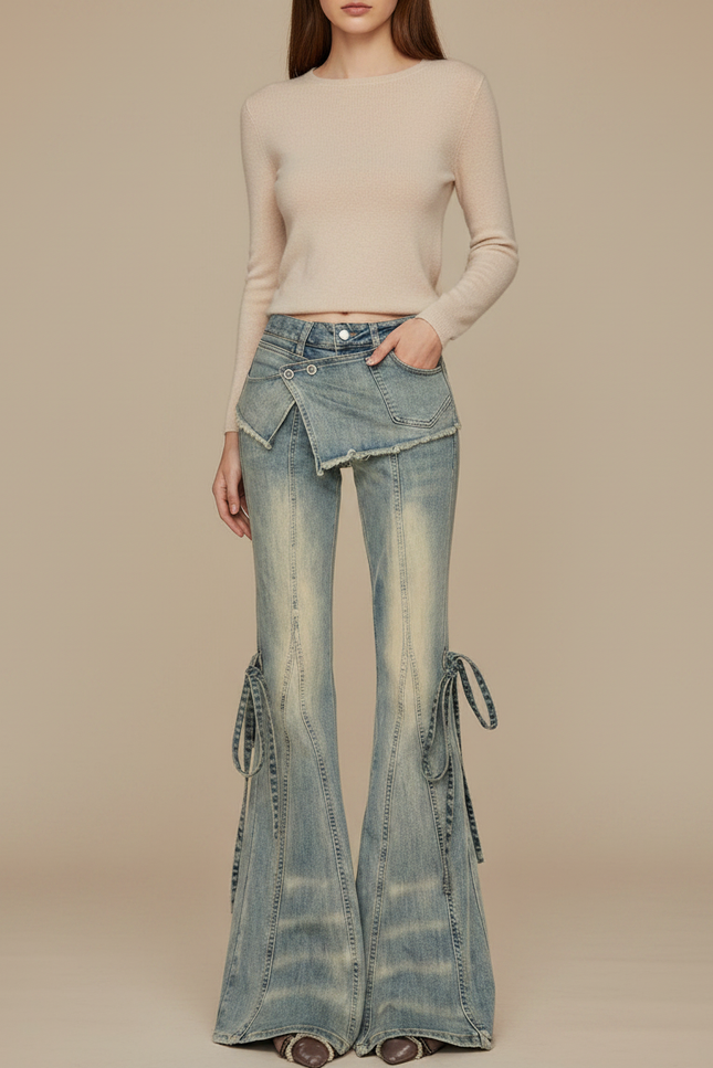 Pantalon Patte D'Éléphant Jean Délavé Taille Basse Évasé - Bleu