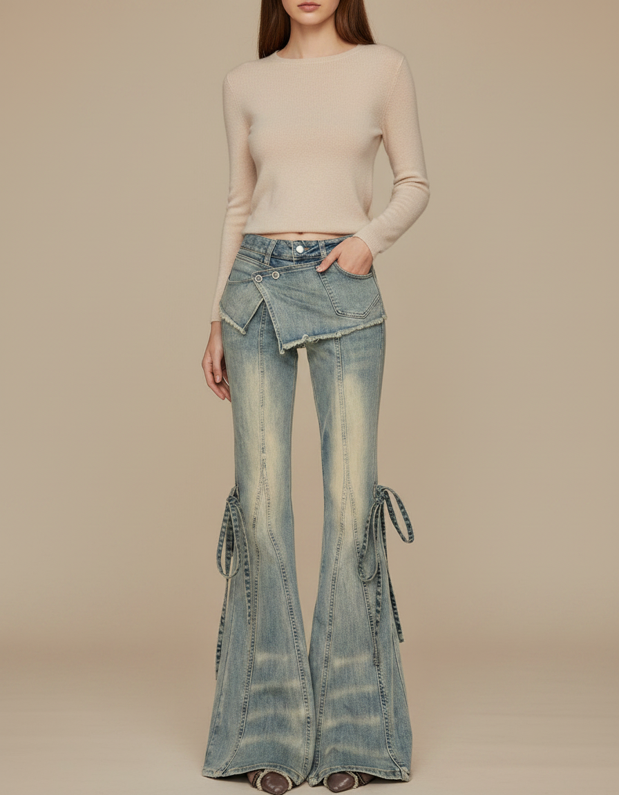 Pantalon Patte D'Éléphant Jean Délavé Taille Basse Évasé - Bleu