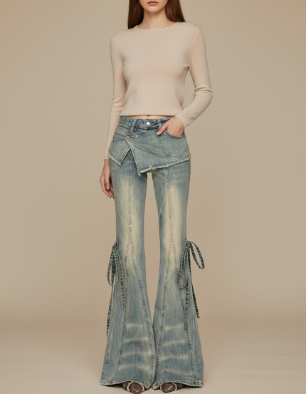 Pantalon Patte D'Éléphant Jean Délavé Taille Basse Évasé - Bleu