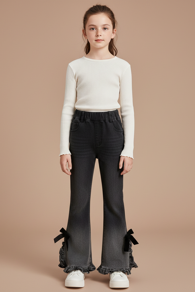 Pantalon Patte D'Éléphant Noir Dégradé Volants Nœuds - Jean