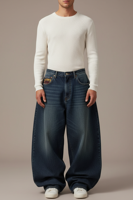 Pantalon Patte D'Éléphant Jean Ample Délavé Brodé Vintage Homme - Bleu
