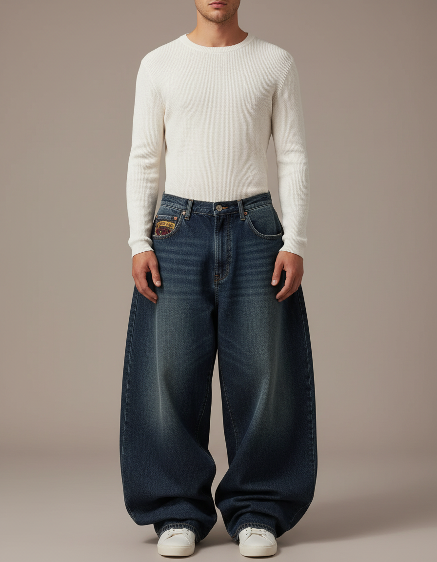 Pantalon Patte D'Éléphant Jean Ample Délavé Brodé Vintage Homme - Bleu