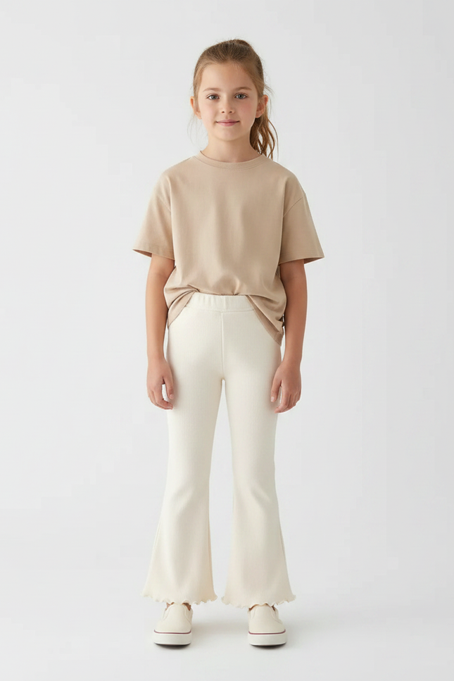 Pantalon Patte D'Éléphant Écru Côtelé Évasé Fille Confortable - Beige Maille