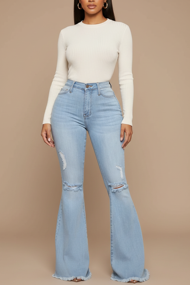 Pantalon Patte D'Éléphant Jean Délavé Déchiré Taille Haute Évasé - Bleu